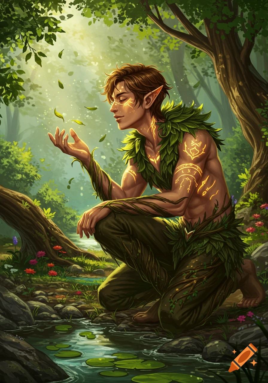 A male high elf with glowing golden runes on his skin, covered in leaves, kneels by a forest pond, leaves floating around his open hand. Art is in a D&D style.