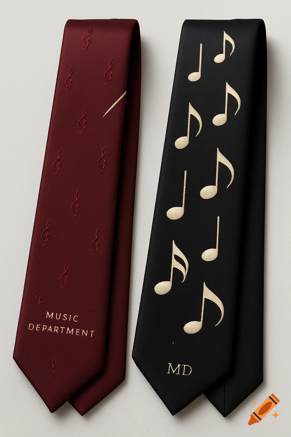Two neckties: a maroon one with 'MUSIC DEPARTMENT' and treble clefs, and a black one with 'MD' and music notes. Photorealistic style.