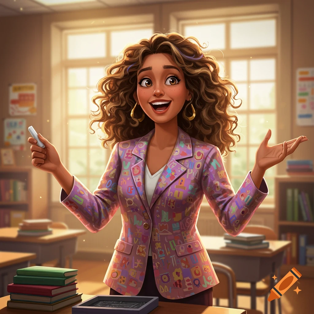 A smiling cartoon teacher with curly hair and a colorful blazer stands in a sunny classroom, holding chalk.