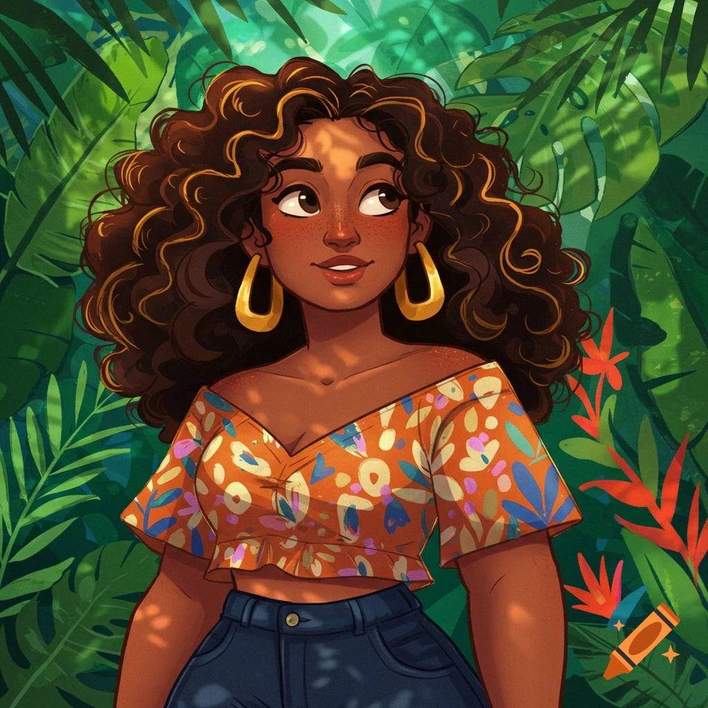 Cartoon illustration of a smiling brown-skinned woman with curly hair, golden earrings, wearing a floral crop top, in a lush tropical jungle.