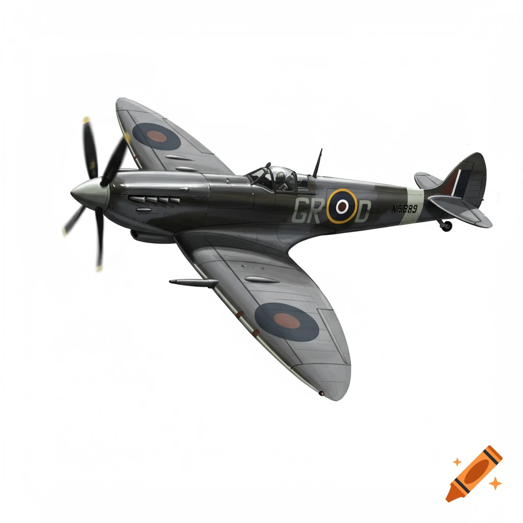 A detailed illustration of a dark gray WW2 Spitfire airplane with visible markings and a blurred propeller, against a white background.