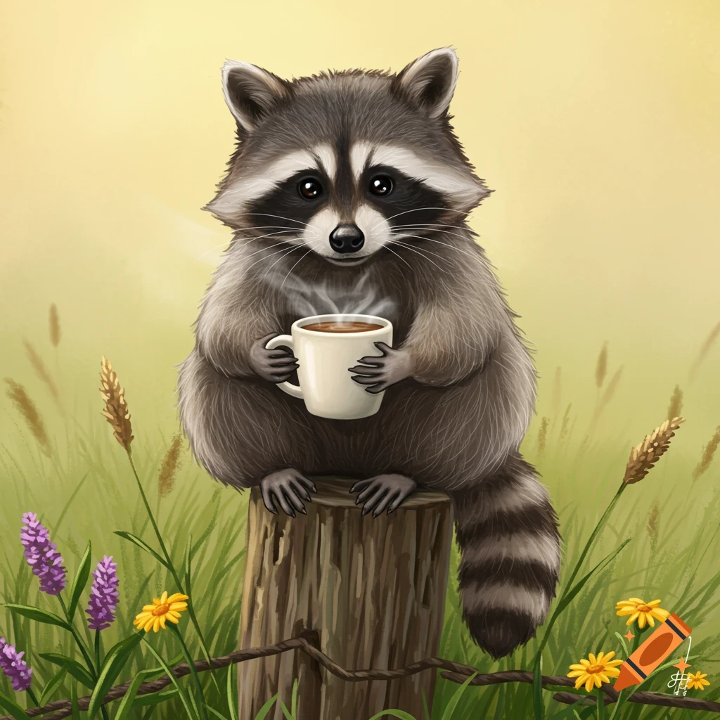 A cute fluffy raccoon sits on a tree stump in a grassy field, holding a steaming white coffee mug. Illustrated.