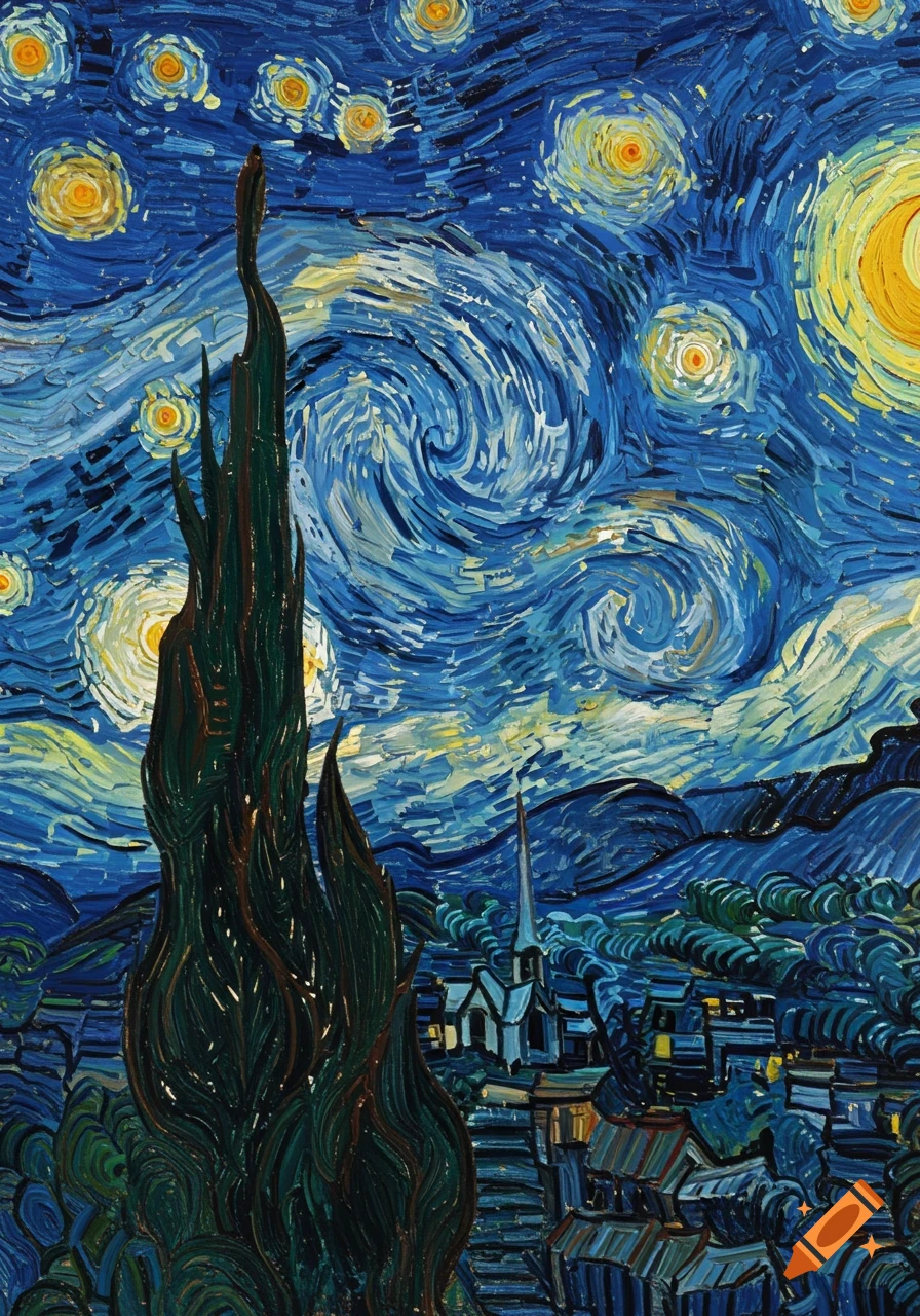 A vibrant painting in Van Gogh's style depicts a swirling blue starry night sky over a dark village with a prominent cypress tree.