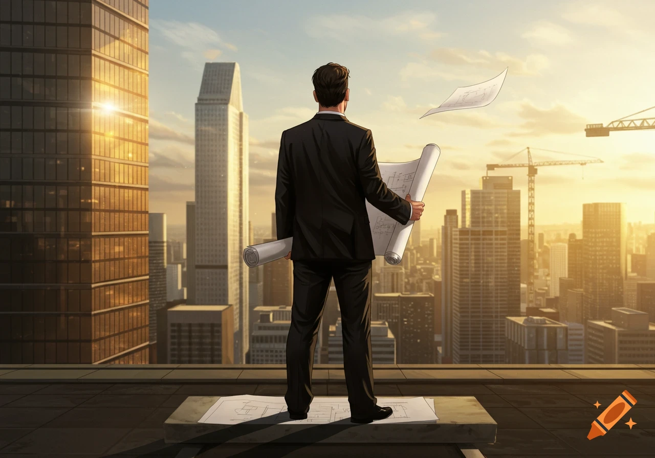 Man in a dark suit stands on a skyscraper rooftop, holding blueprints and gazing at a sprawling city skyline at sunset.