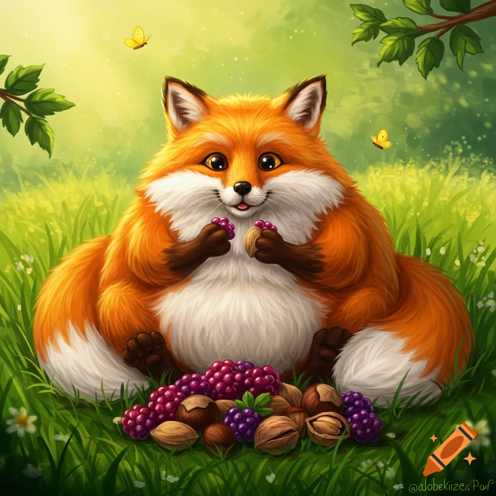 A cute, chubby orange and white fox sitting in a sunny green meadow, happily eating purple berries and nuts from a pile in front of it. Two yellow butterflies flutter above.