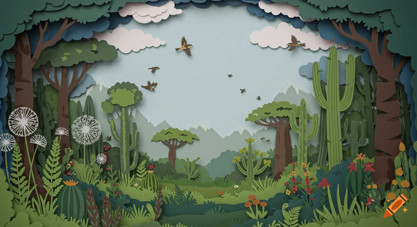 A vibrant, detailed layered paper-cut landscape with various green trees, cacti, dandelions, and wildflowers. Birds fly under a light blue sky with clouds and distant mountains.