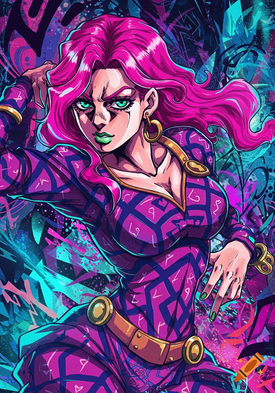 An anime girl with long pink hair, green eyes, and green lips, dressed in a purple outfit with intricate patterns, in a vibrant, graffiti-like art style.