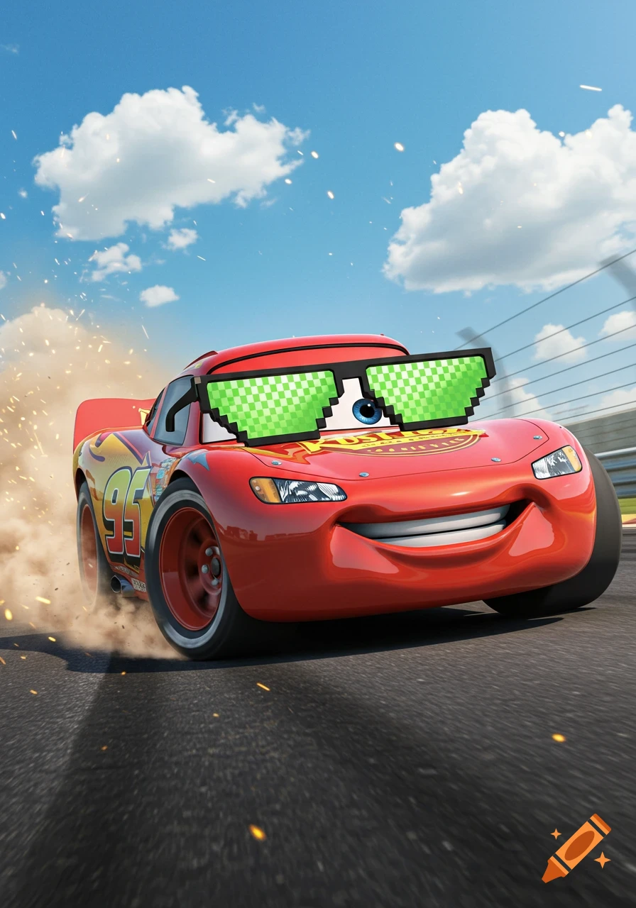 Lightning McQueen speeds on a track, kicking up dust, wearing pixelated green MLG glasses under a blue sky.