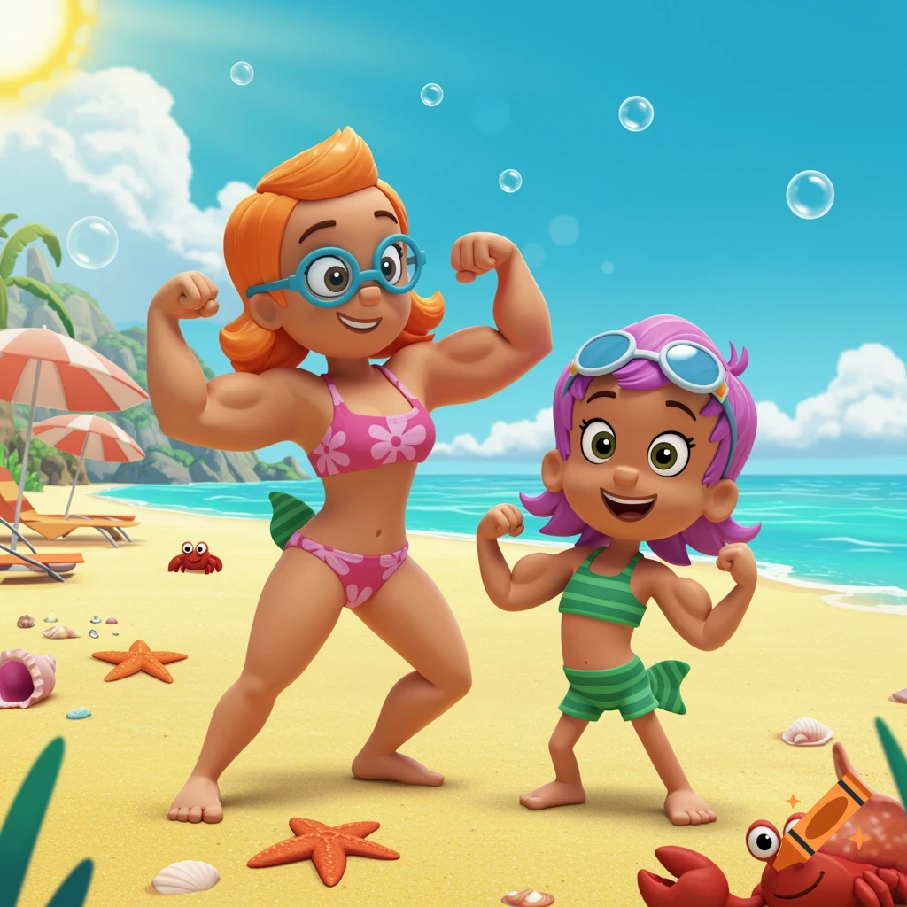 Cartoon woman and child in swimsuits flex muscles on a sunny beach with crabs and starfish.