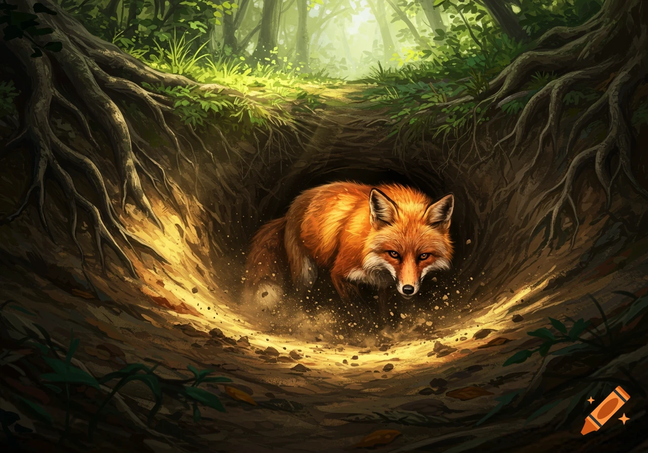 A red fox with dirt flying around it emerges from an underground burrow in a lush, sunlit forest, digital painting.
