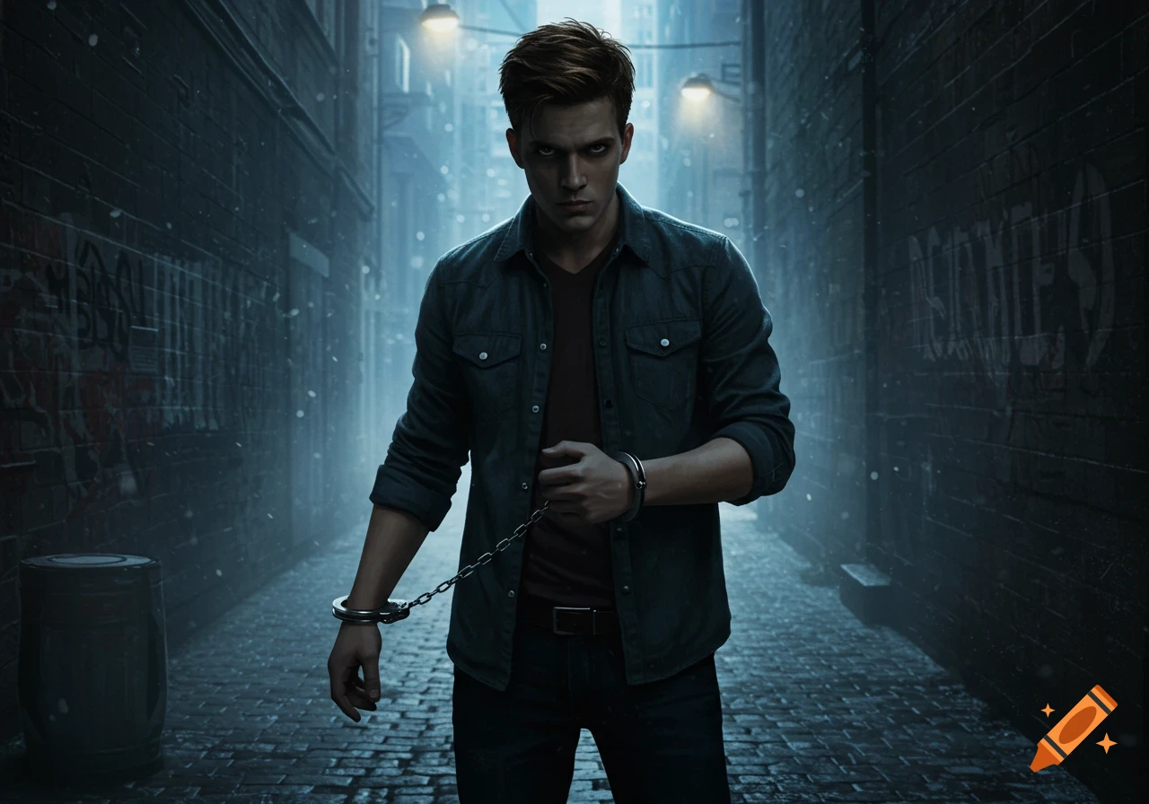 A serious young man in handcuffs stands in a dark, wet urban alley with streetlights, in a photorealistic style.