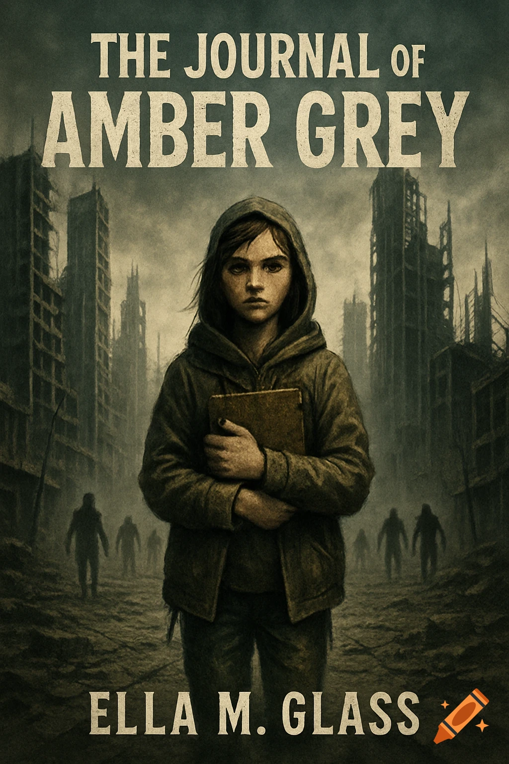 Book cover for "The Journal of Amber Grey" featuring a determined girl in a hoodie holding a journal, standing in a ruined cityscape with shadowy figures in the background.