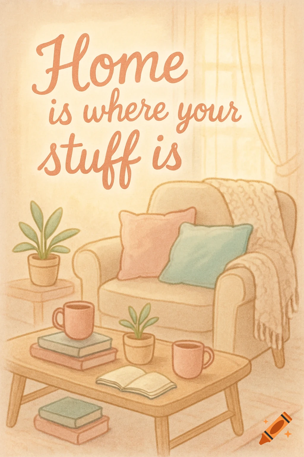A cozy watercolor illustration of a living room with an armchair, coffee table, plants, and books, with text 'Home is where your stuff is'.