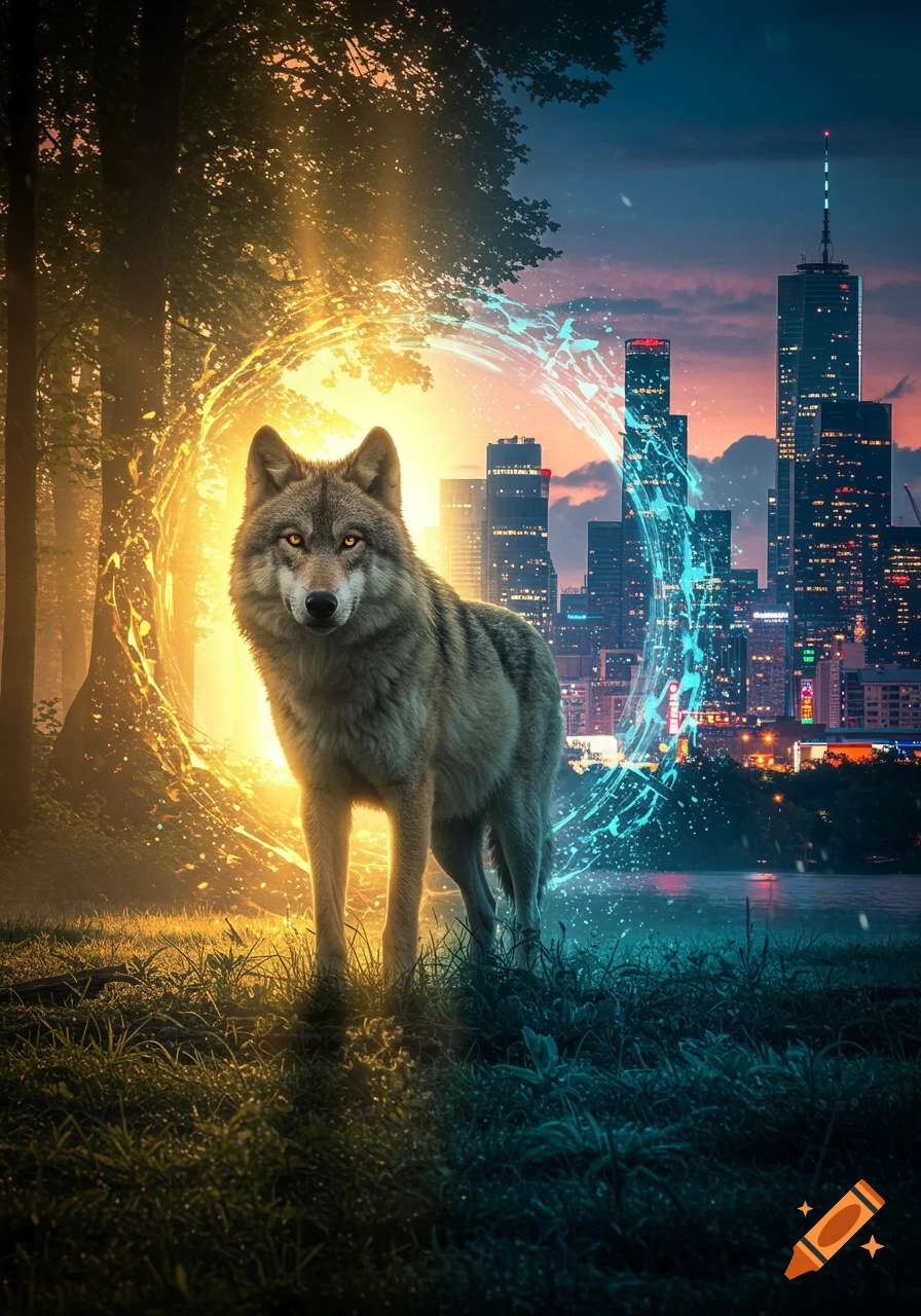 A photorealistic wolf stands between a glowing golden forest portal and a glowing blue city portal at dusk.