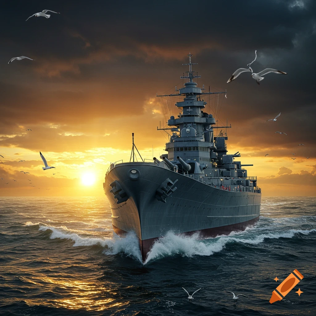 Photorealistic image of a majestic battleship sailing on the ocean during a vibrant sunset with seagulls flying.
