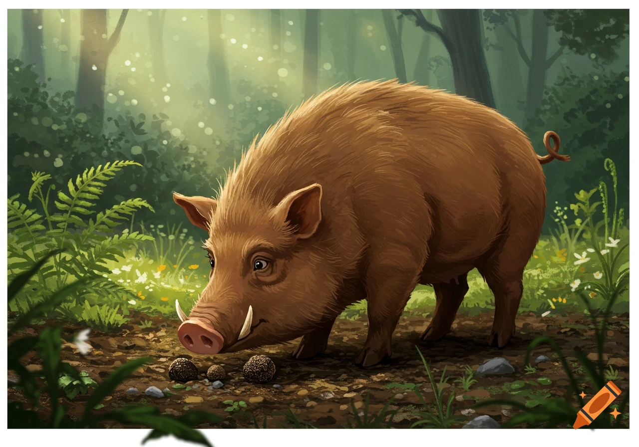 Detailed illustration of a brown wild boar, or truffle hog, sniffing the forest floor near dark truffle-like objects in a sunlit forest.