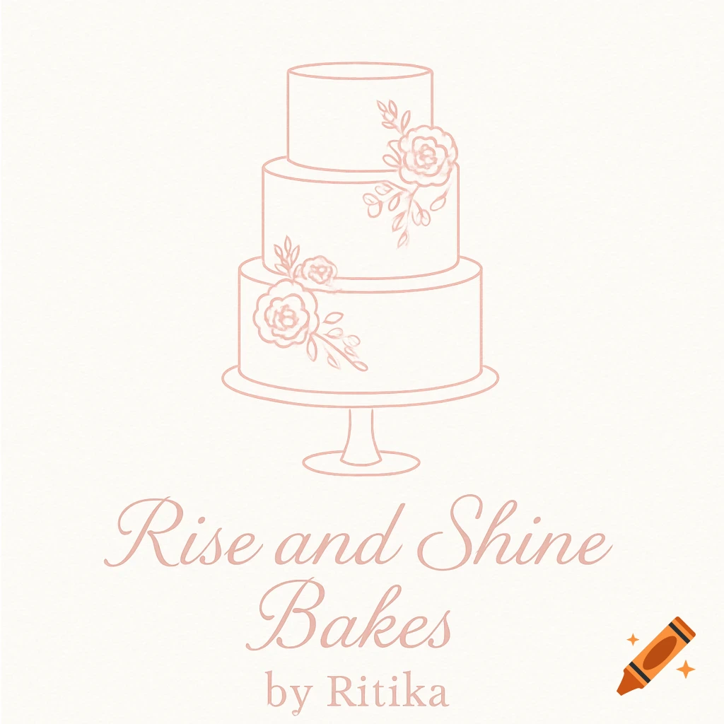 Pink outline illustration of a three-tier cake with flowers and text 'Rise and Shine Bakes by Ritika' on a business card.