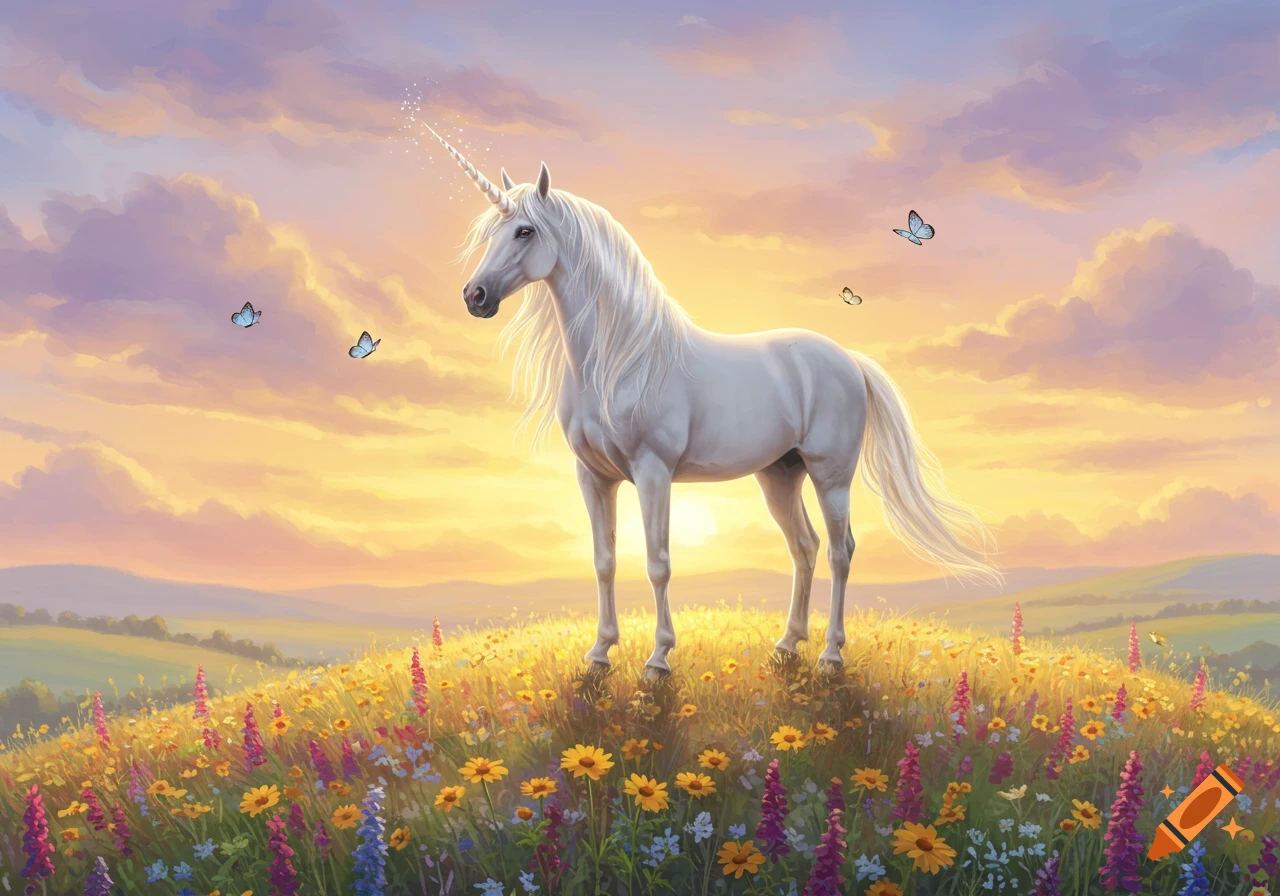A majestic white unicorn stands in a vibrant field of colorful wildflowers under a glowing sunset sky with butterflies.