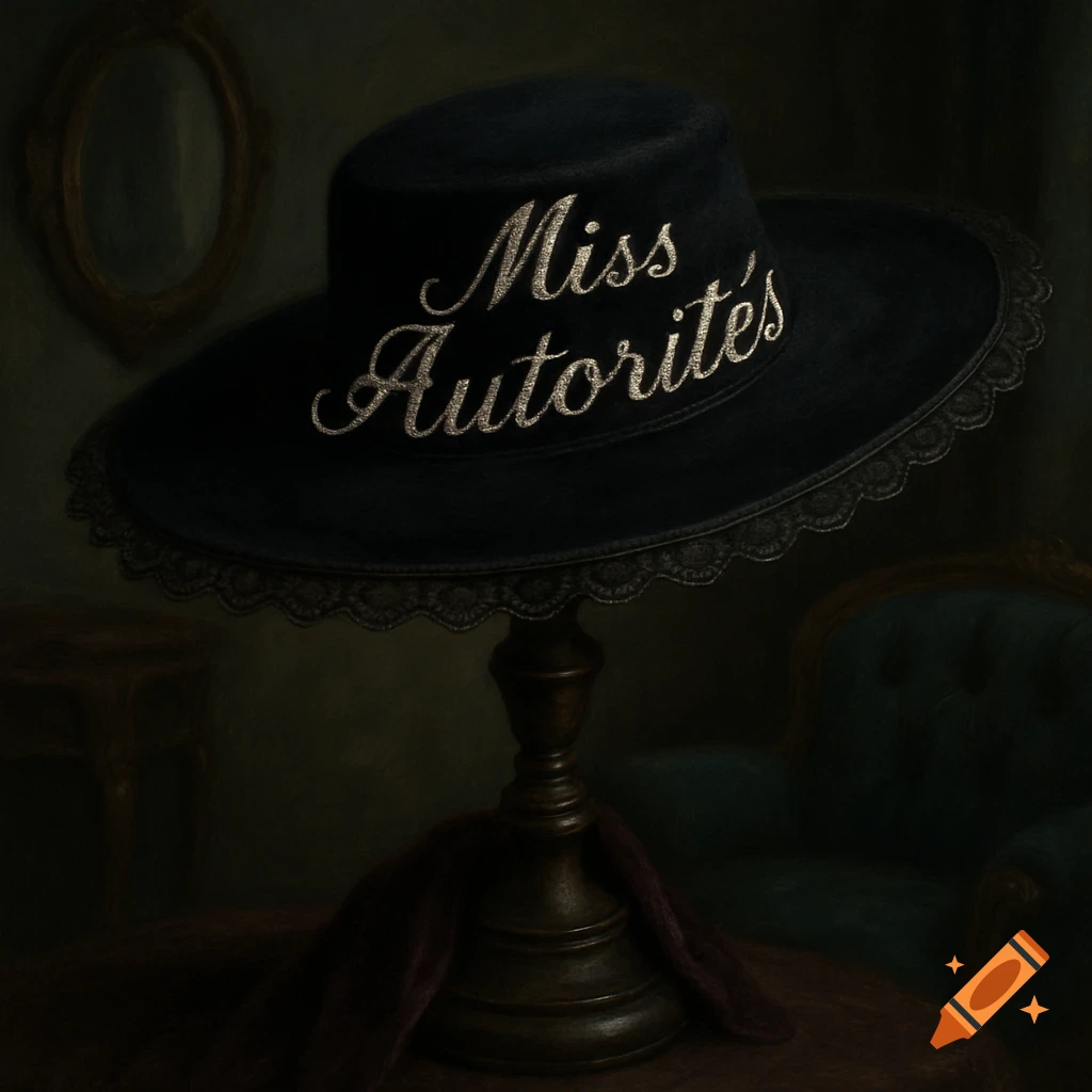 A dark, elegant hat with "Miss Autorités" embroidered in gold on it, displayed on a stand in a dimly lit, vintage room, painted in a realistic style.