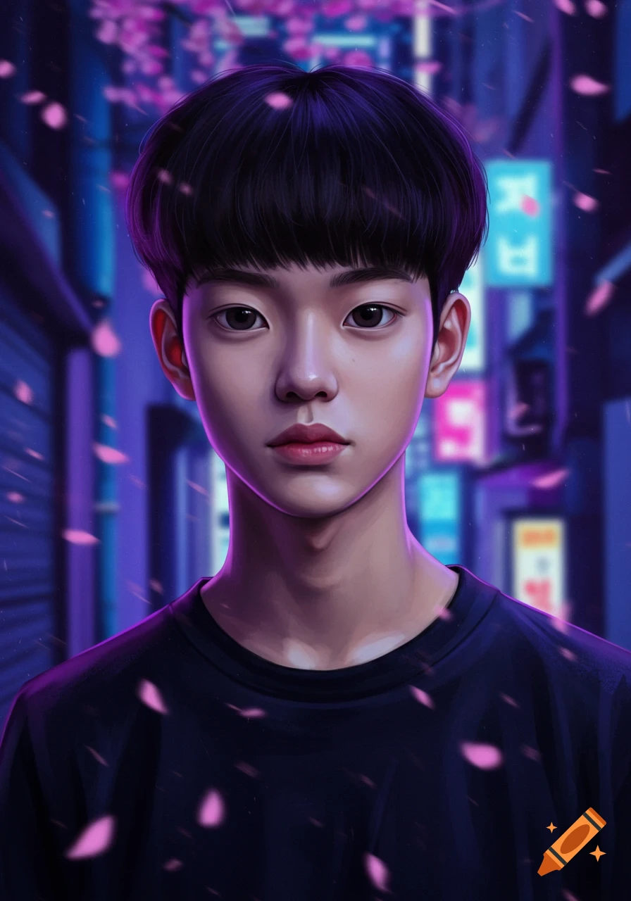 A stylized portrait of a Korean teenage boy with short black hair, wearing a black shirt, standing in a neon-lit city street at night with pink petals falling.