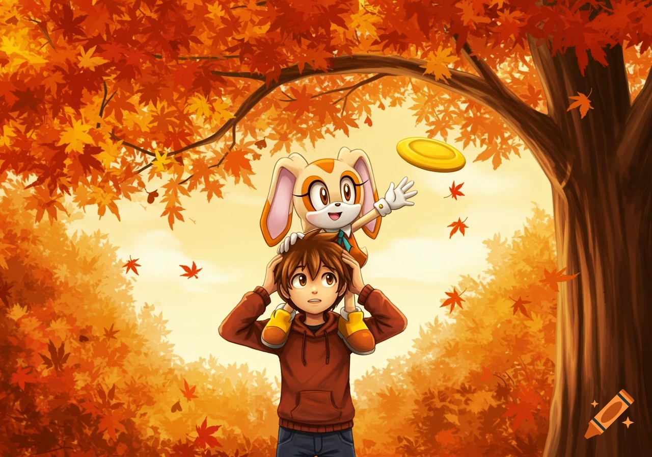 Cream the Rabbit on a brown-haired boy's shoulders under an autumn tree, reaching for a frisbee in an anime style.