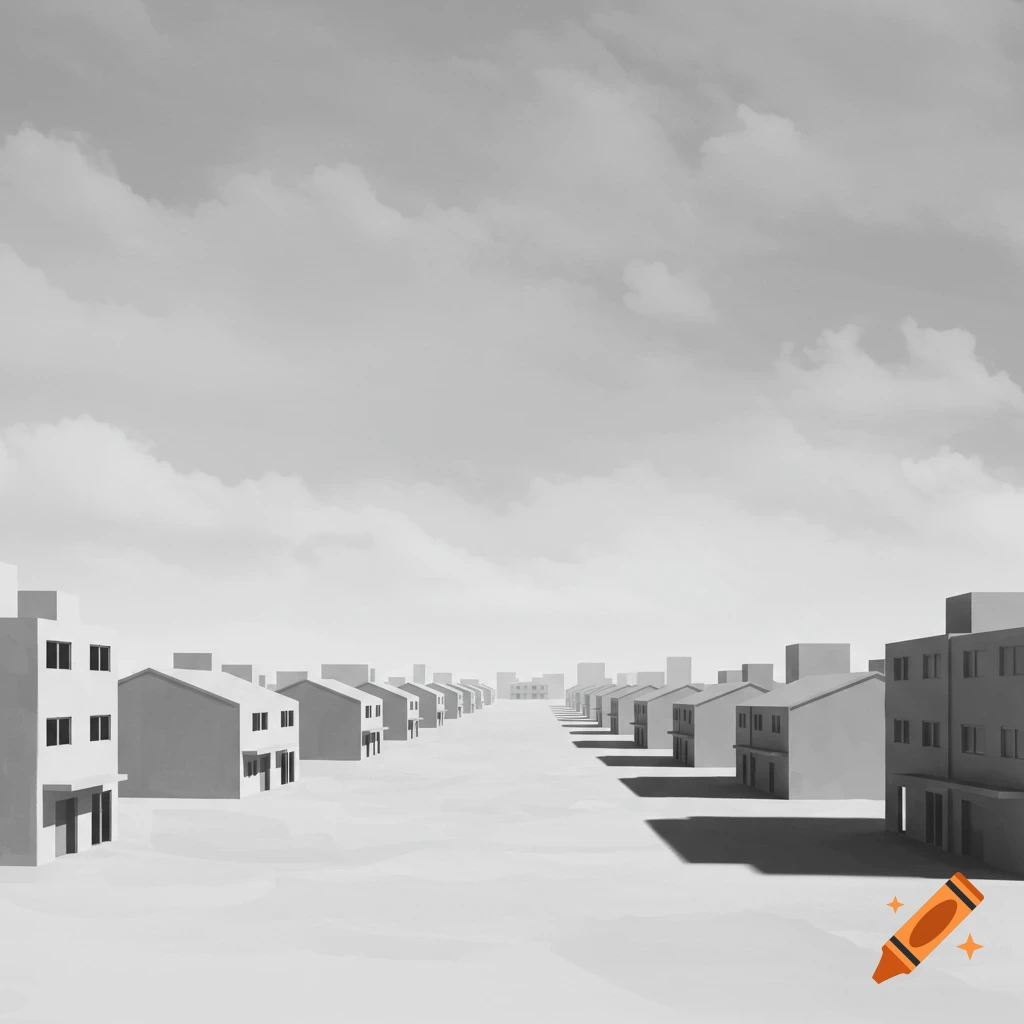 Monochromatic street with rows of identical, minimalist buildings receding into the distance under a cloudy sky.
