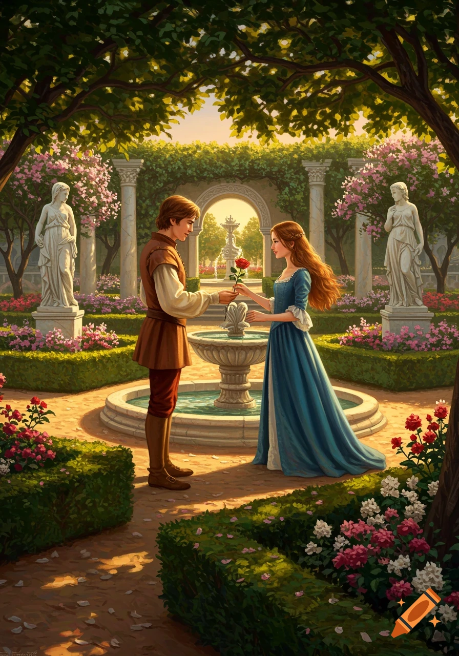 A young man offers a red rose to a woman in a blue dress in a lush royal garden with fountains and statues.