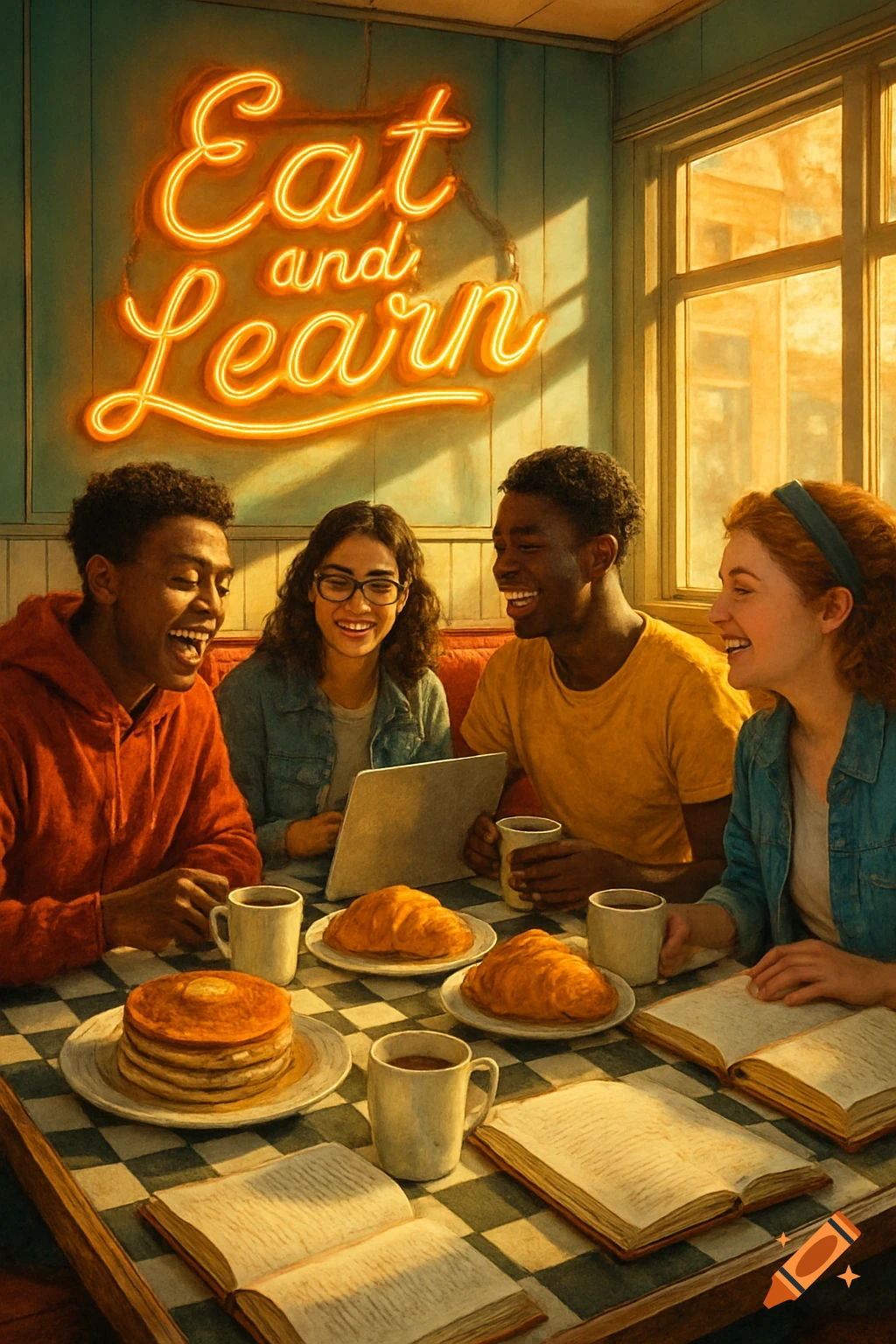 Diverse students eat breakfast and study in a cafe with a neon 'Eat and Learn' sign.