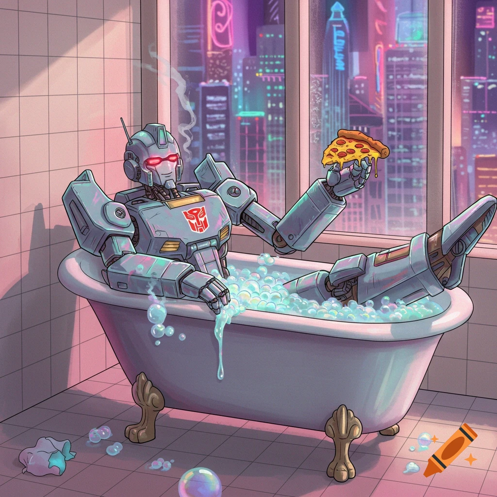 An illustrated Autobot robot enjoys a bubble bath and pizza, with a neon cyberpunk city in the background.