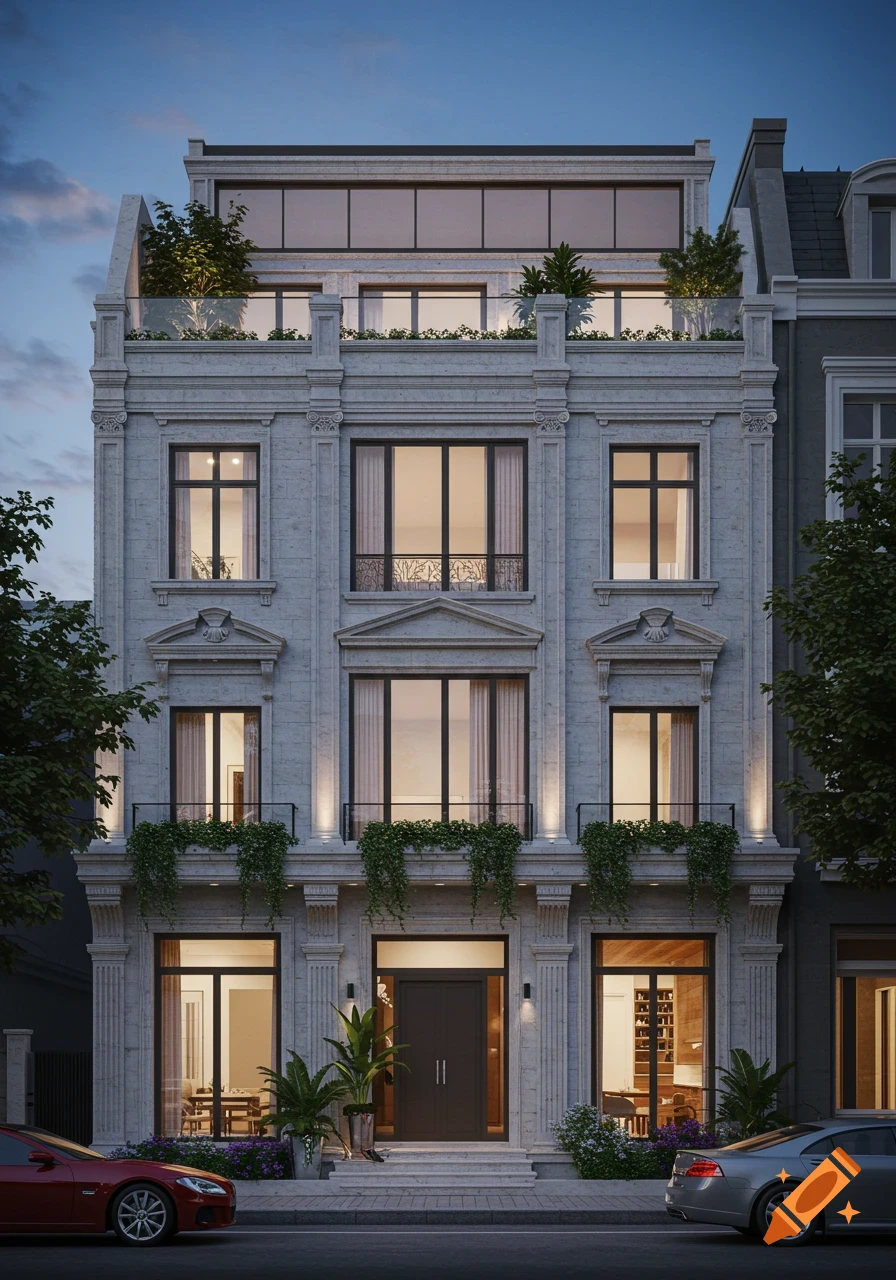 A photorealistic rendering of a grand three-story townhouse with classical facade details, green planters, and a rooftop terrace at dusk. Two cars are parked on the street in front.