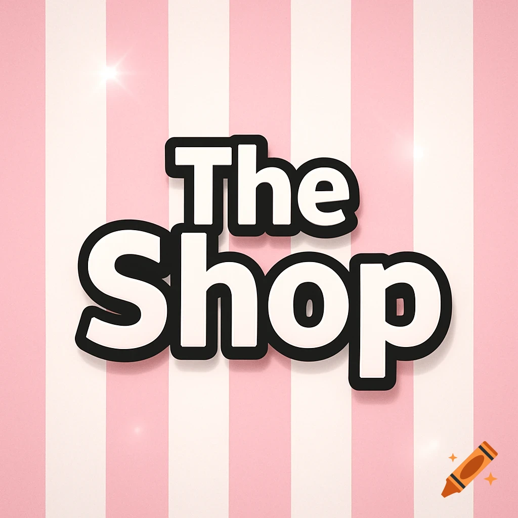 The text "The Shop" in white bubble letters with black outlines, centered against a background of alternating pink and white vertical stripes.