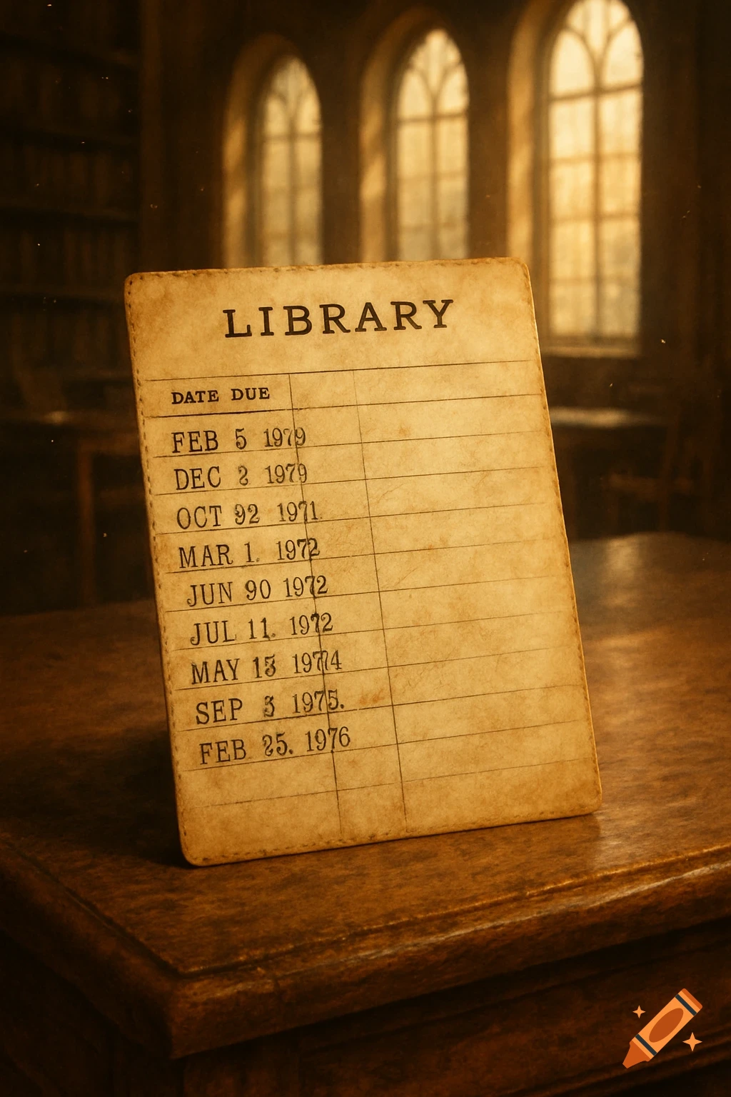 A vintage library checkout card with due dates, standing upright on a wooden table in a dimly lit library with arched windows in the background.