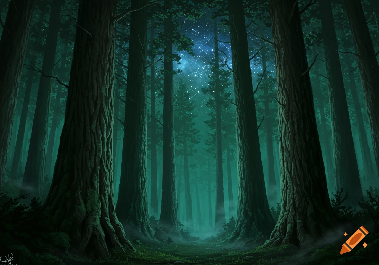 A dark, mystical forest at night, with towering trees framing a starry sky and a path leading into a misty clearing.