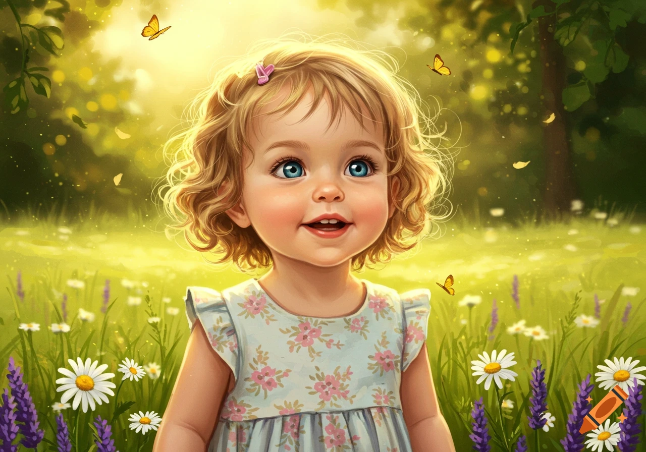 A cute, smiling girl with blonde curly hair and blue eyes in a sunny field of daisies, lavender, and butterflies. Digital art.