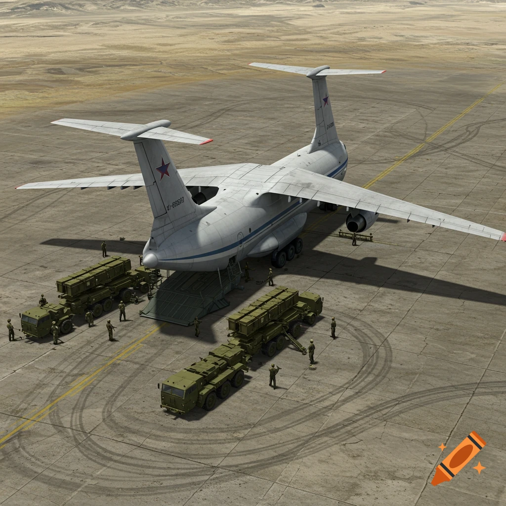 Aerial view of an IL-76 transport plane on an airfield, with tactical surface-to-air missile systems being unloaded by soldiers. Desert background.