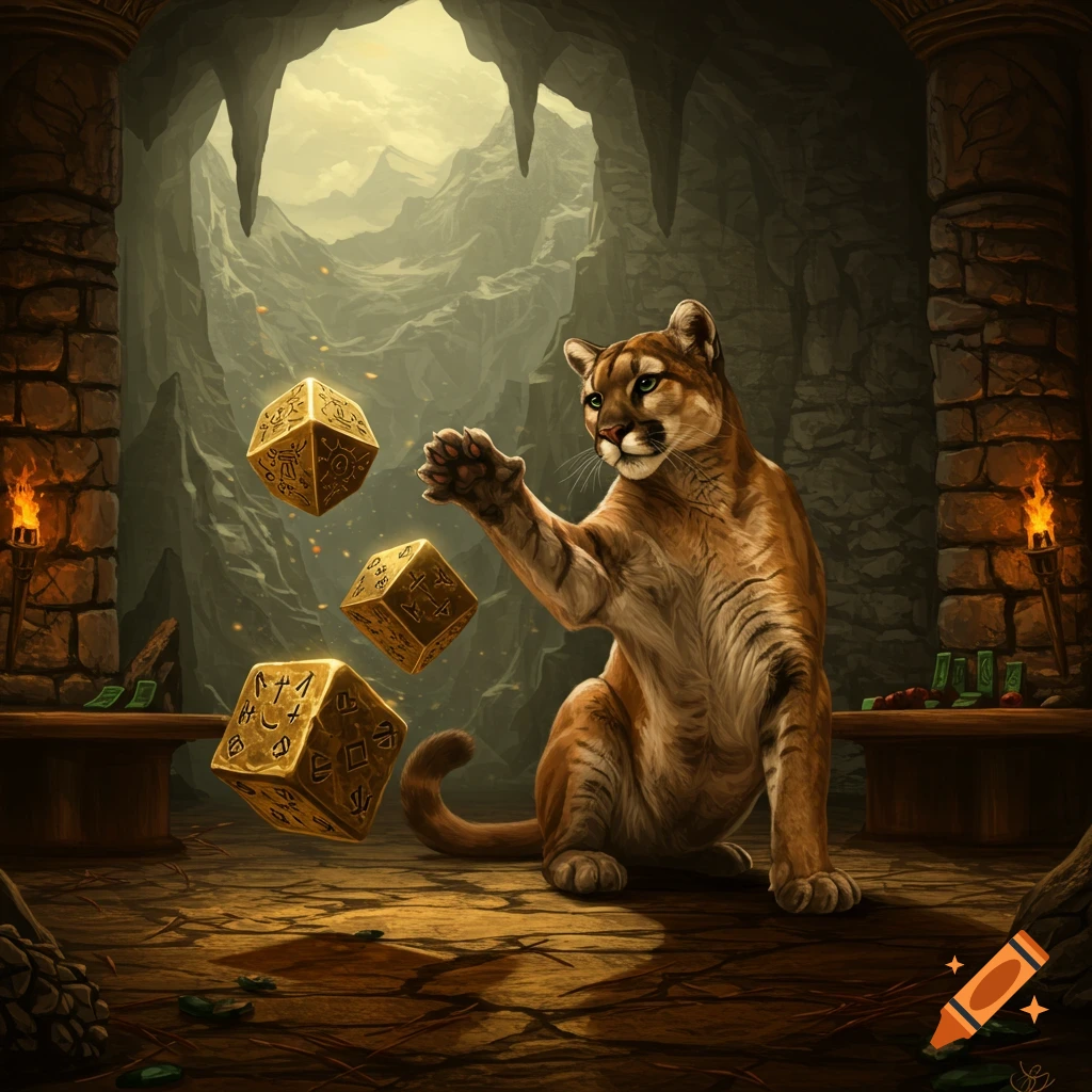 A fantasy digital painting of a puma in a dimly lit cave reaching for three golden, ornate dice floating mid-air.
