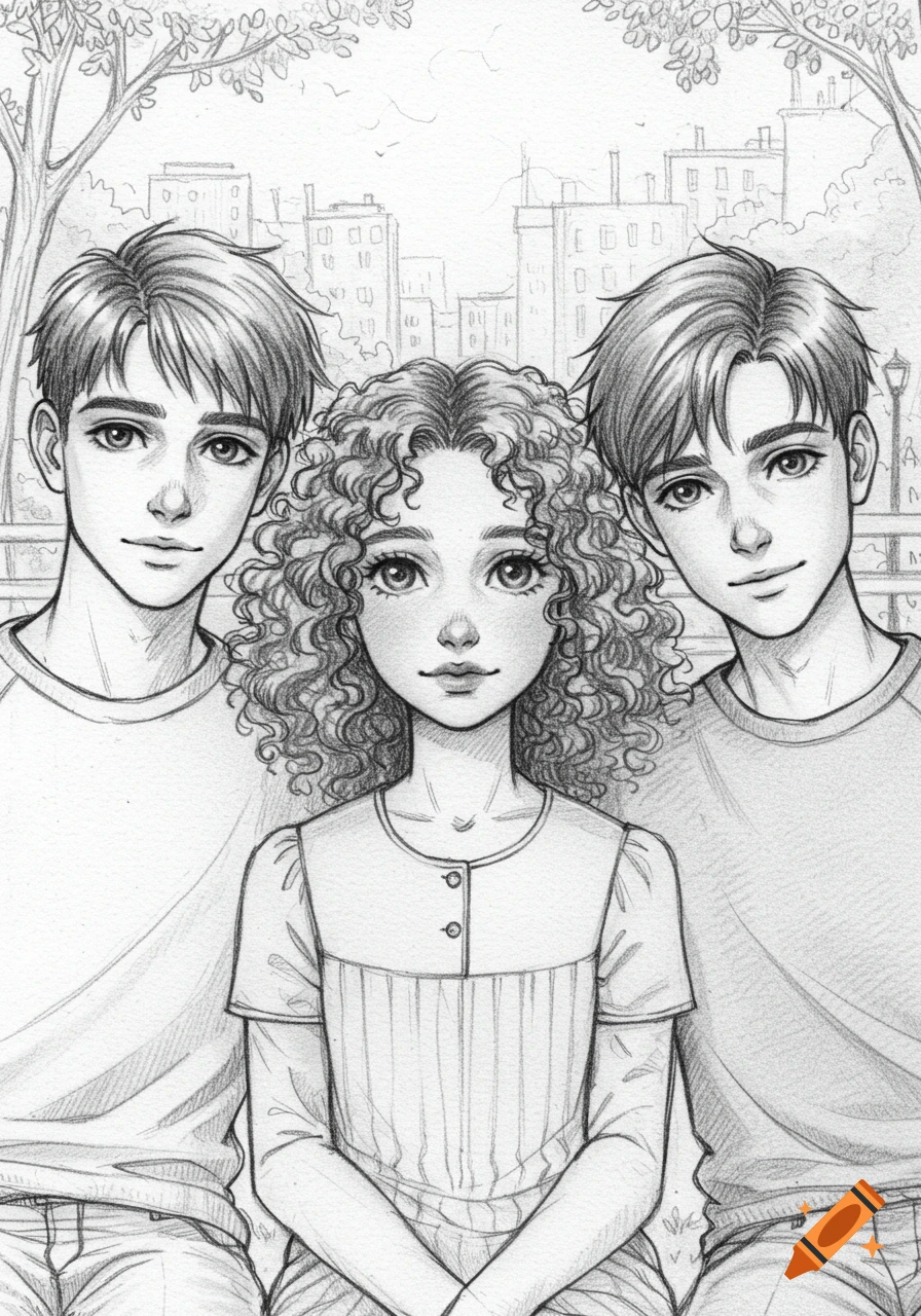 Pencil drawing of a girl with curly hair between two young men, set outdoors with city buildings in the background.