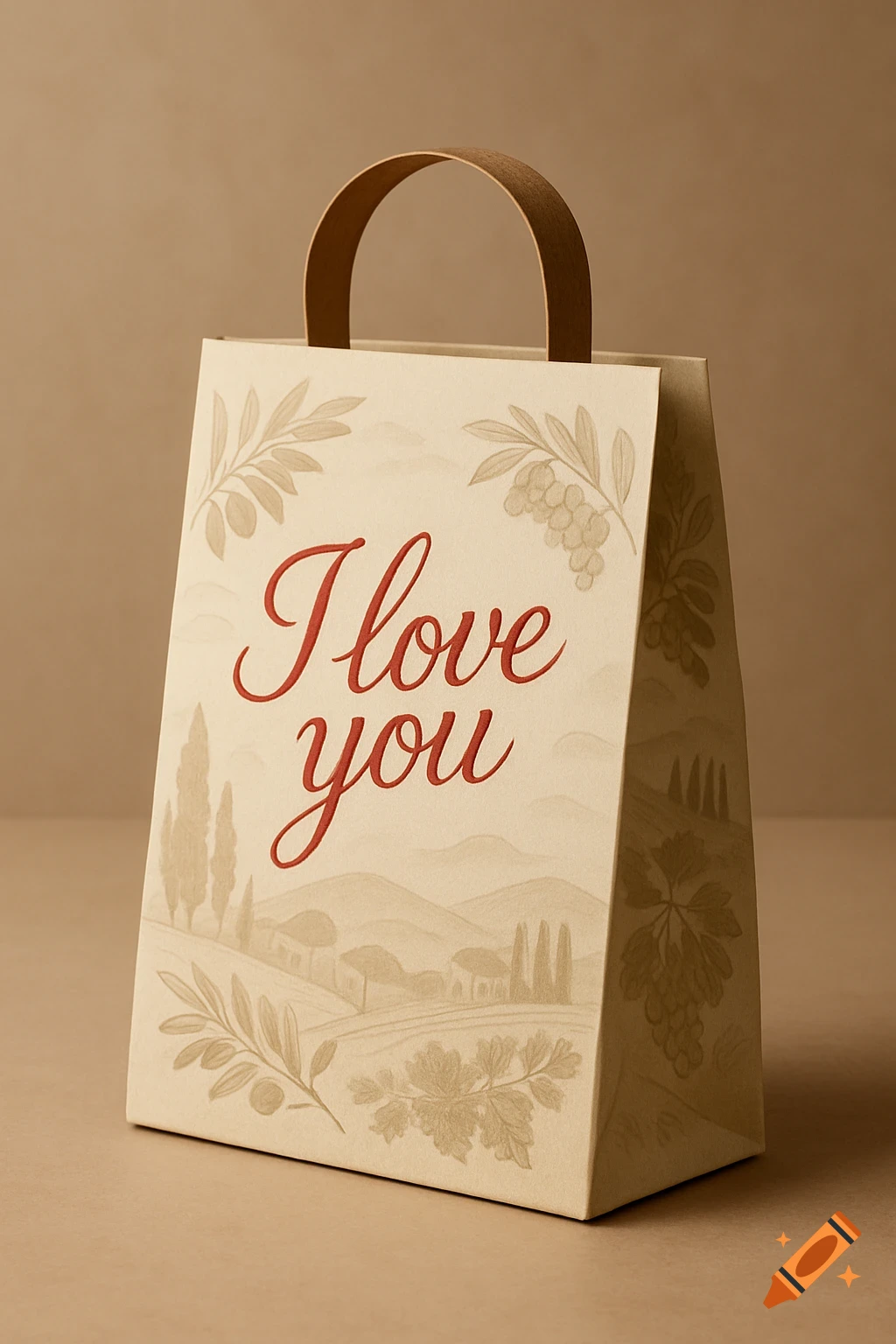 Cream-colored paper gift bag with a brown handle, printed with 'I Love you' in red script and illustrations of Italian landscapes and flora.