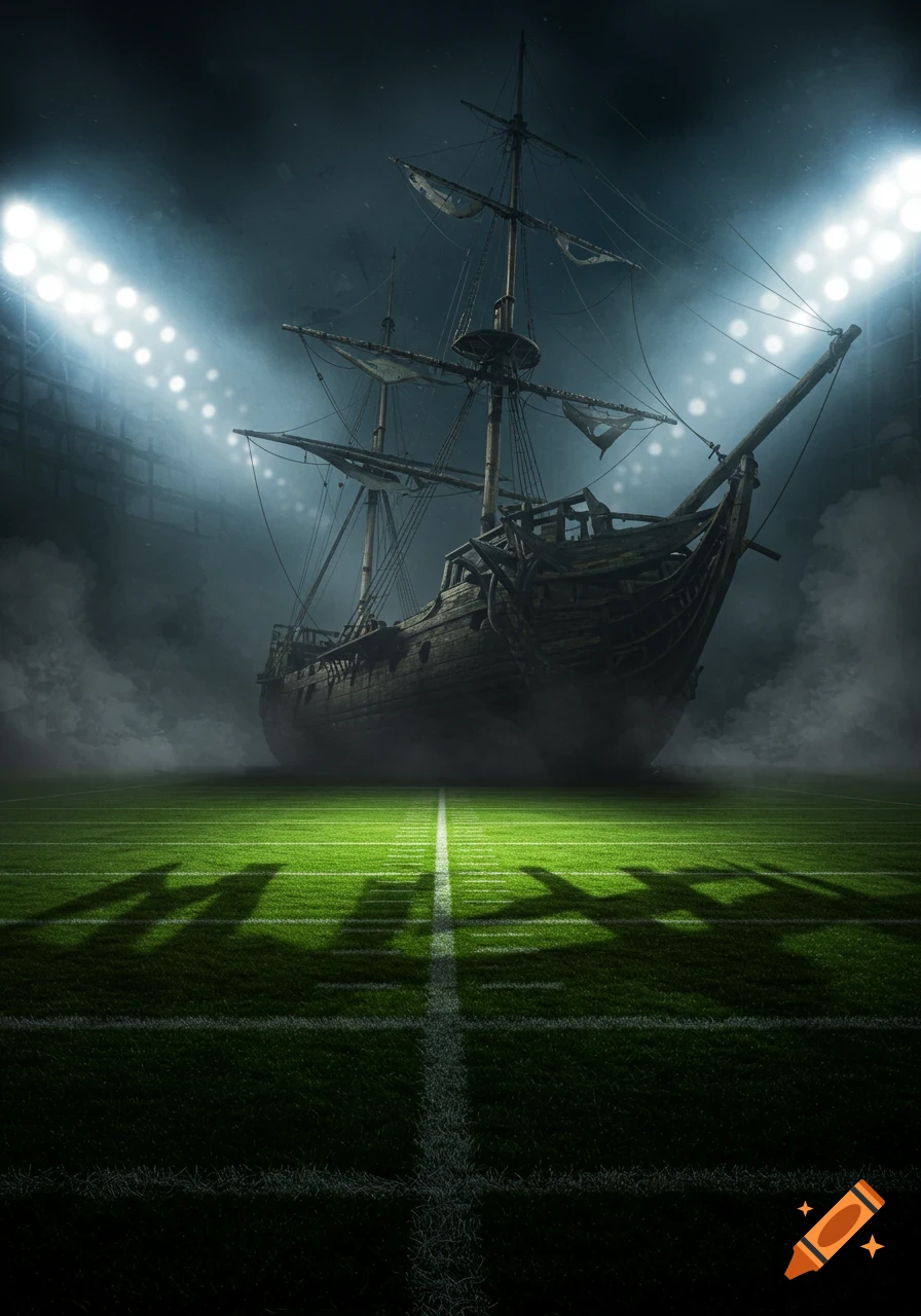 A weathered pirate ship stands in the middle of an American football field at night, under bright stadium lights and shrouded in smoke.
