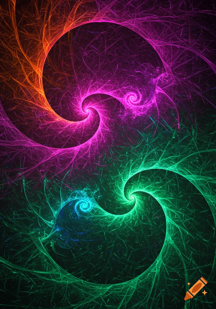 Vibrant orange, magenta, and green fractal spirals on a dark background, with intricate branching patterns.