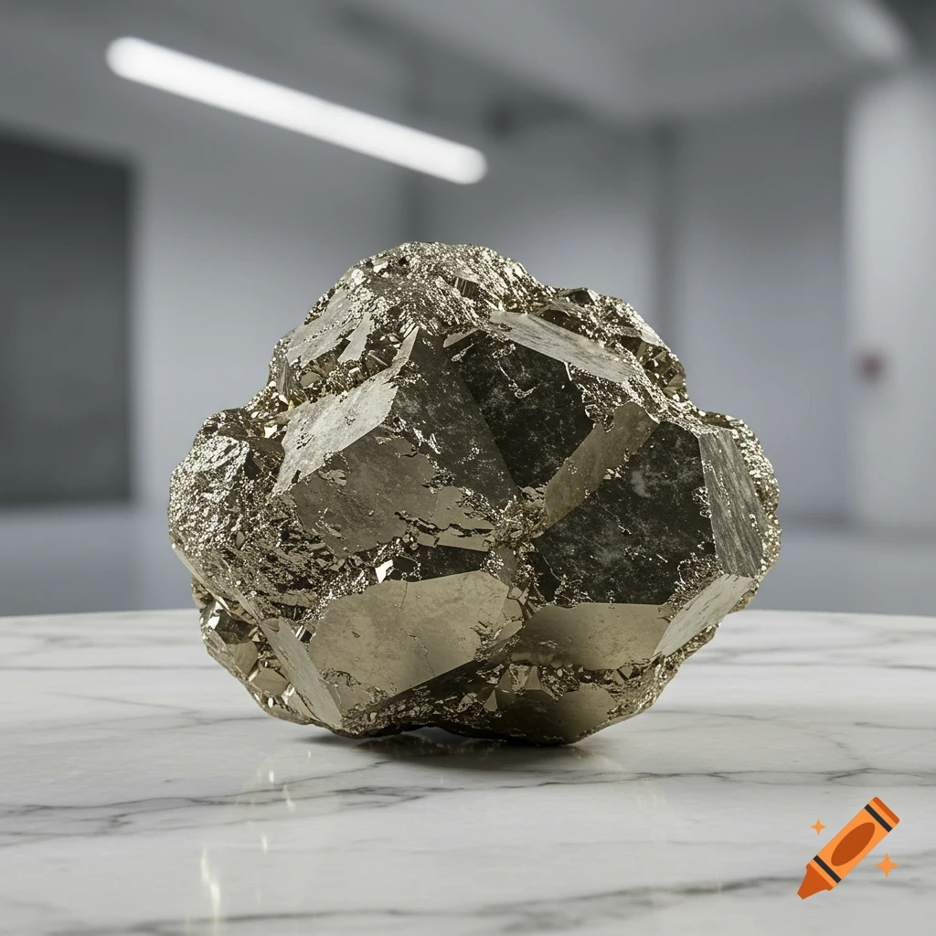 A large, gold-colored pyrite mineral cluster with cubic crystals sits on a white marble table in a blurred room.