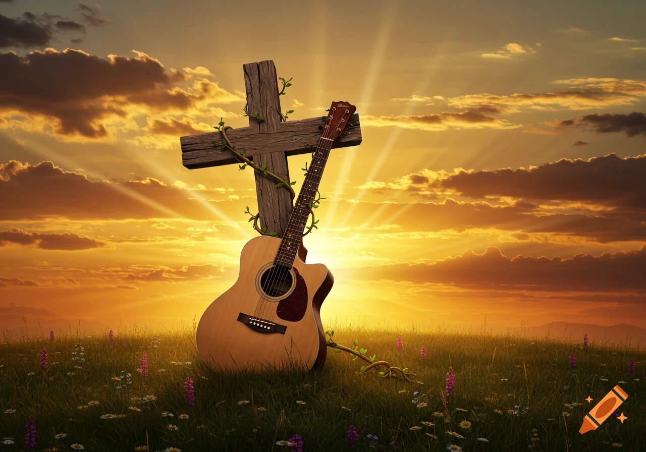 A wooden cross and acoustic guitar in a field of wildflowers at sunset with sun rays.
