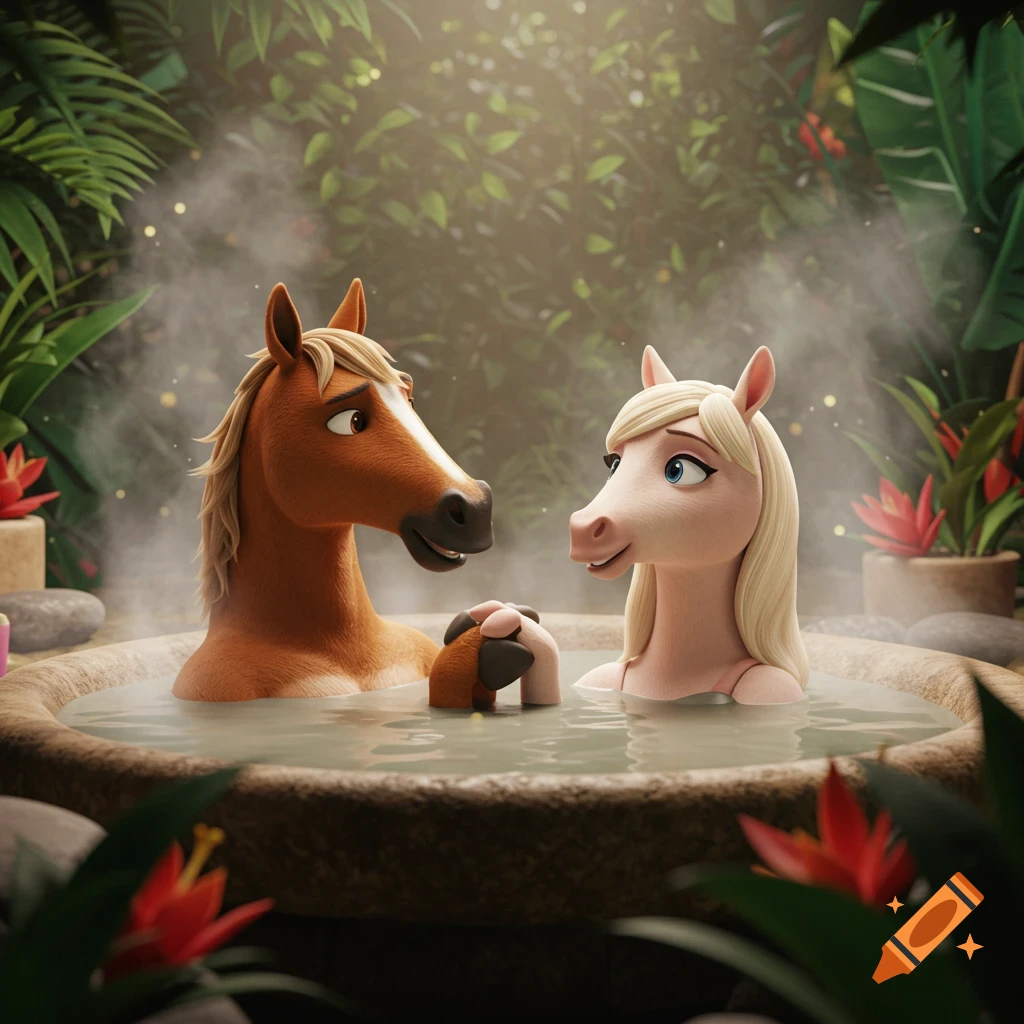 3D animated anthropomorphic horse couple in a romantic hot tub, holding hooves amidst lush tropical plants.