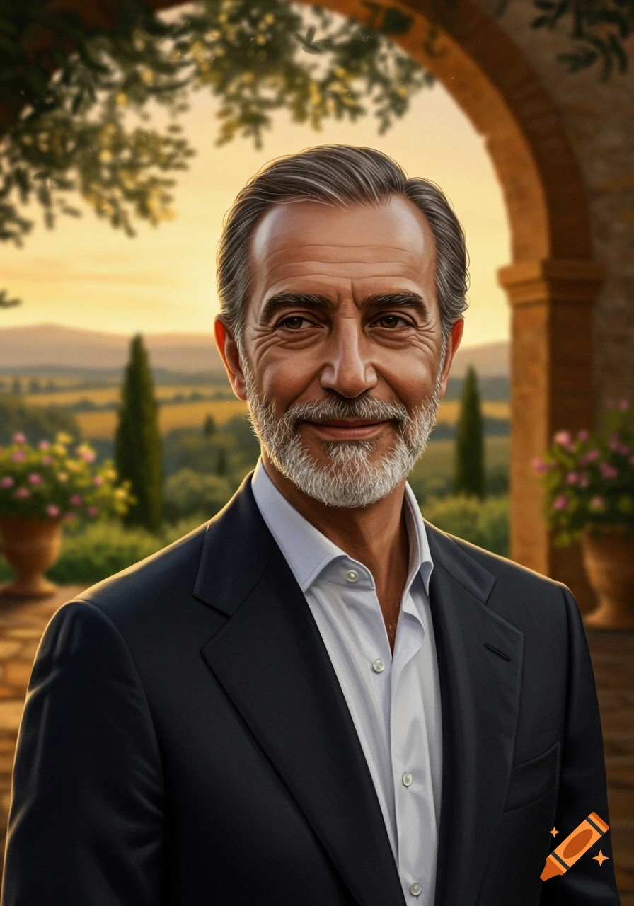 Distinguished older man with grey beard smiles in a dark suit, with a Tuscan landscape at sunset in the background.