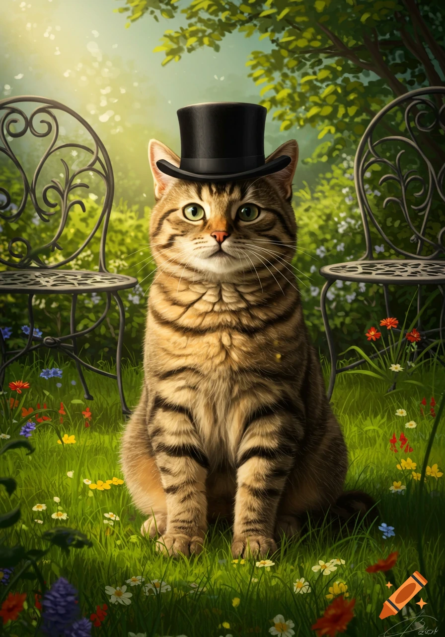 A photorealistic tabby cat wearing a black top hat sits in a vibrant green garden with colorful wildflowers and wrought-iron chairs.
