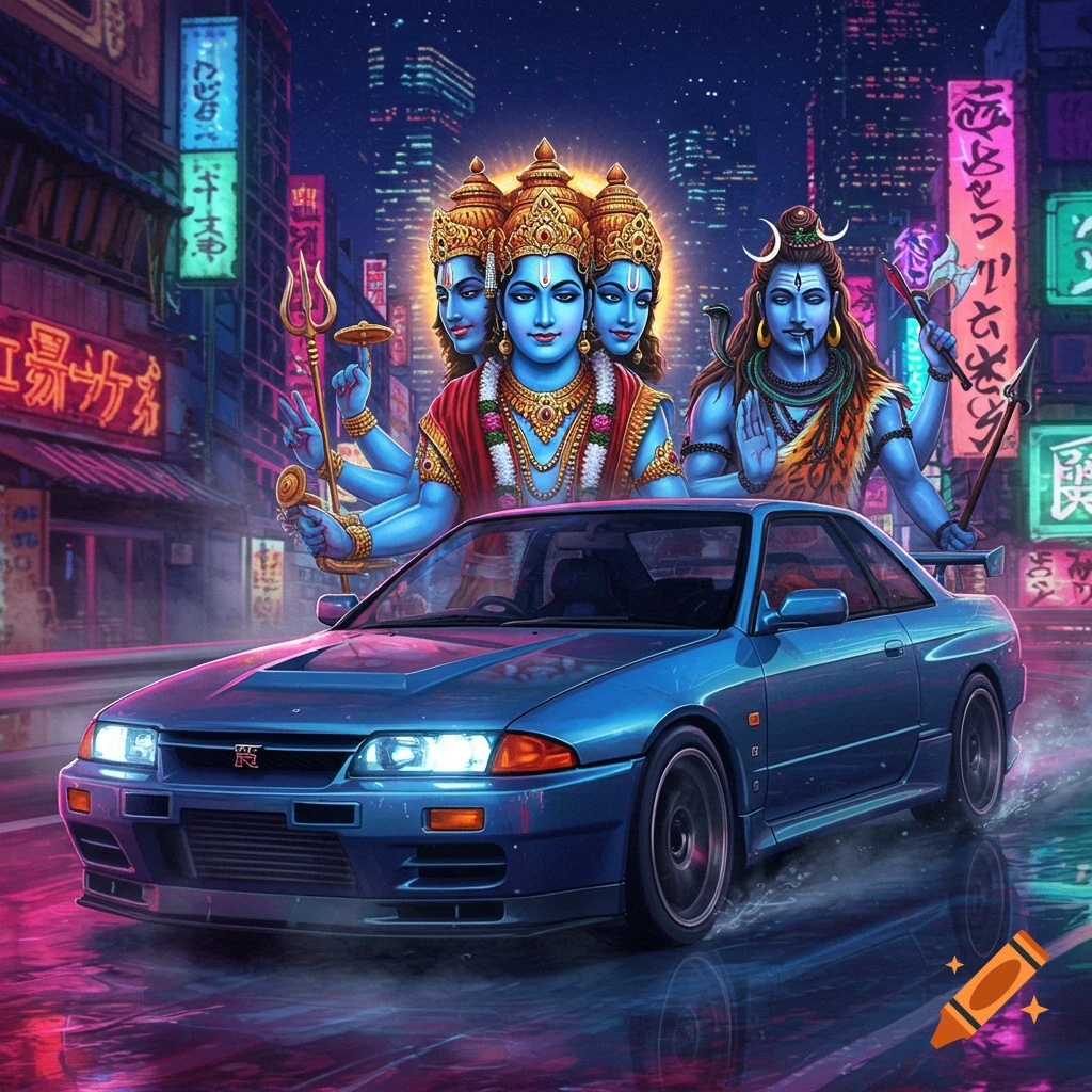 Hindu deities Brahma and Shiva stand behind a blue Nissan Skyline in a vibrant, neon-lit cyberpunk city at night, with reflections on a wet road.