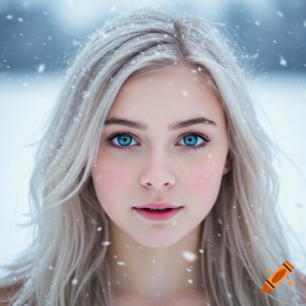 Close-up photorealistic portrait of a young platinum blonde woman with bright blue eyes, snow falling around her.