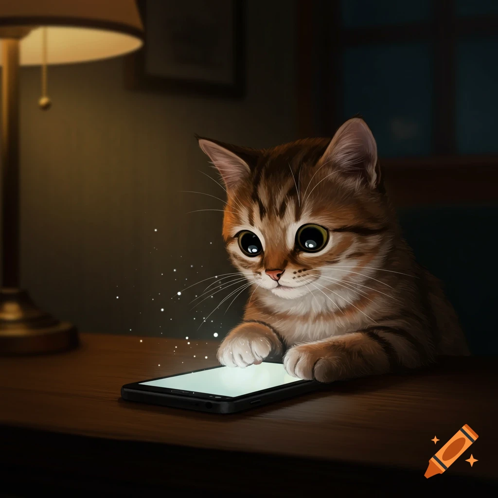 Cute brown tabby kitten with large eyes intently pawing a glowing smartphone on a wooden table in a dimly lit room.