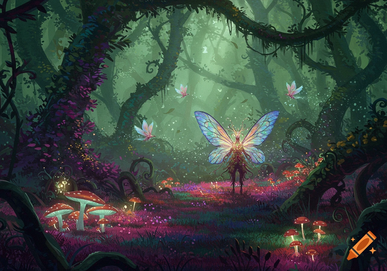 A vibrant, mystical forest scene with a glowing fairy-like creature and luminous red-capped mushrooms among purple plants.