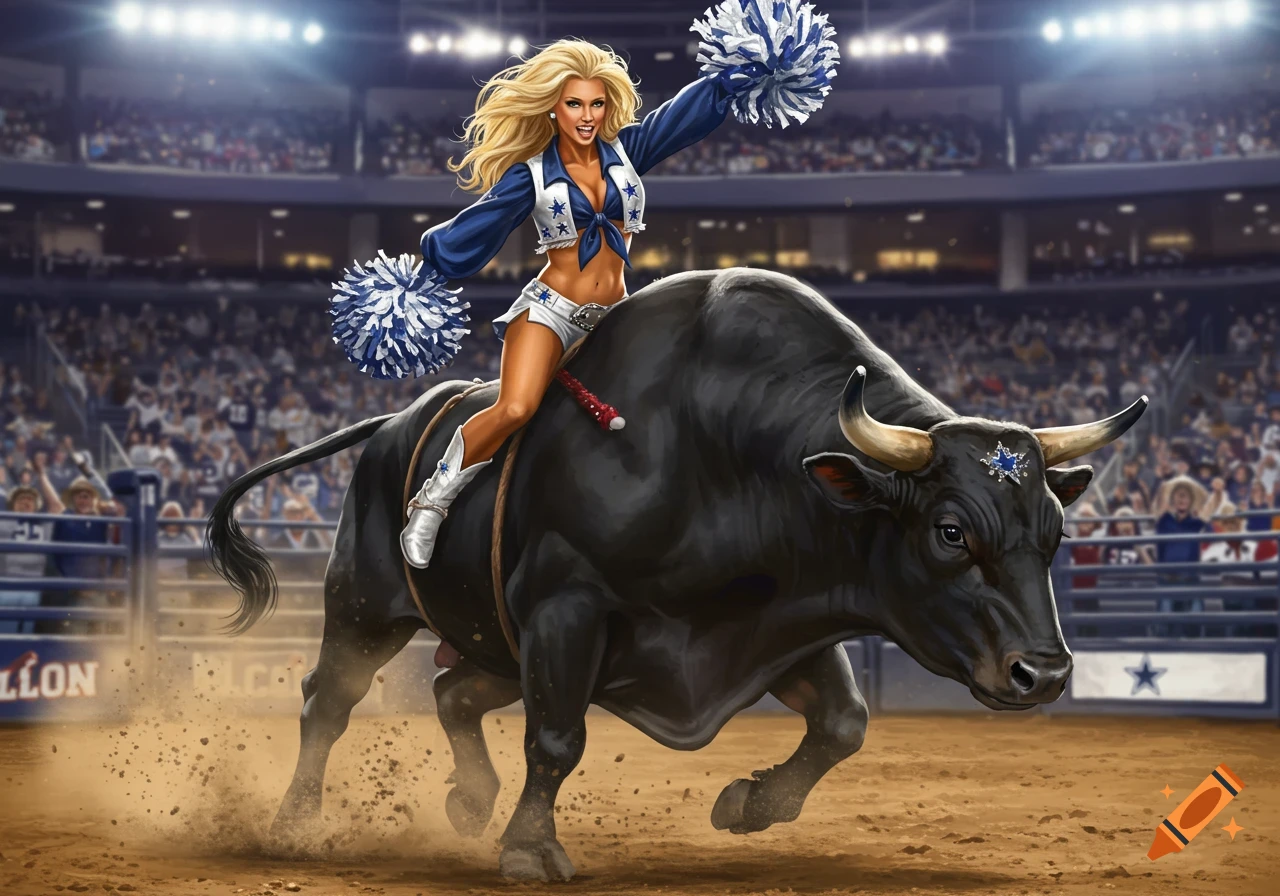 Blonde Dallas Cowboys cheerleader in a blue and white outfit riding a large black bull in a packed rodeo arena. Stylized illustration.